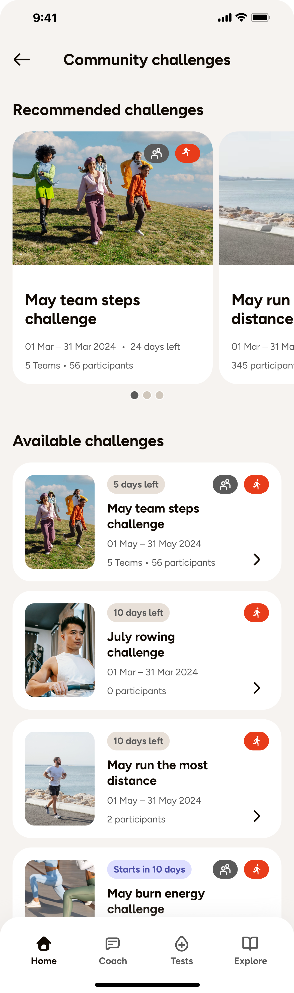Community and recommended challenges screen