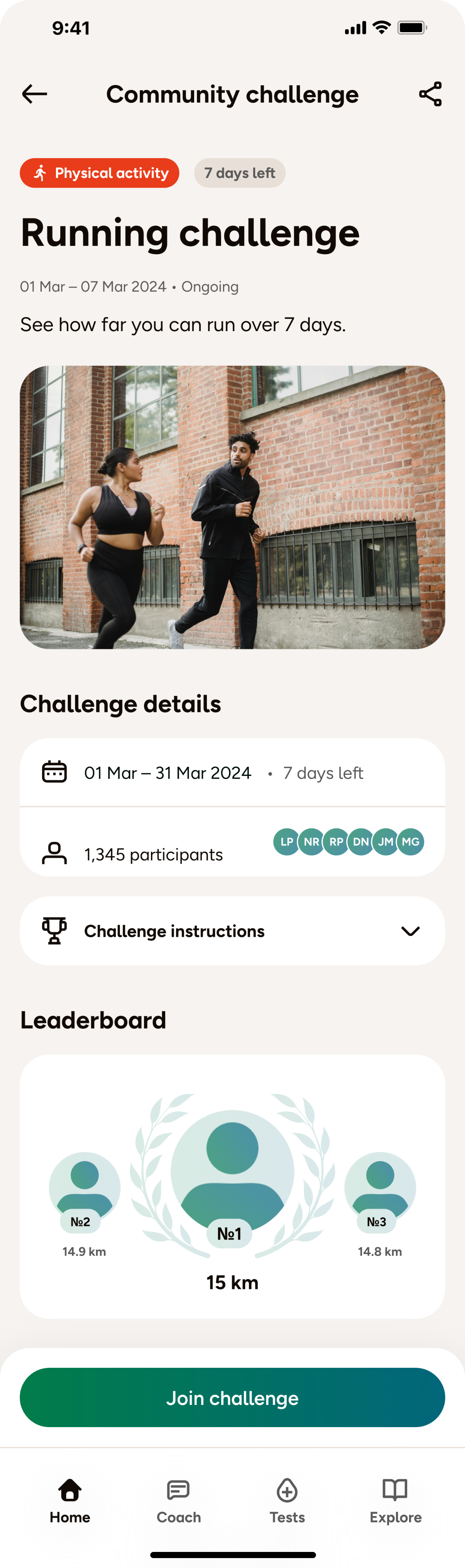 Community running challenge detail screen