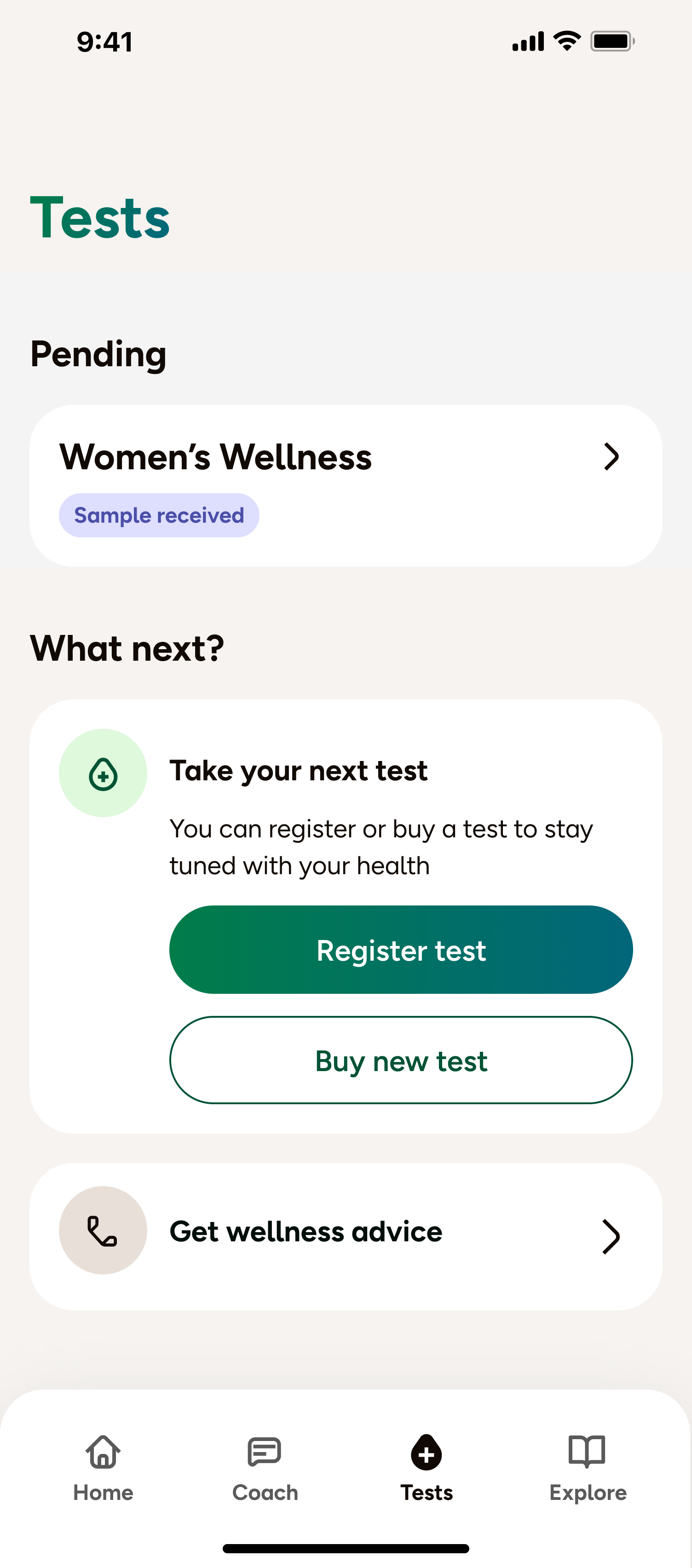 Tests hub screen